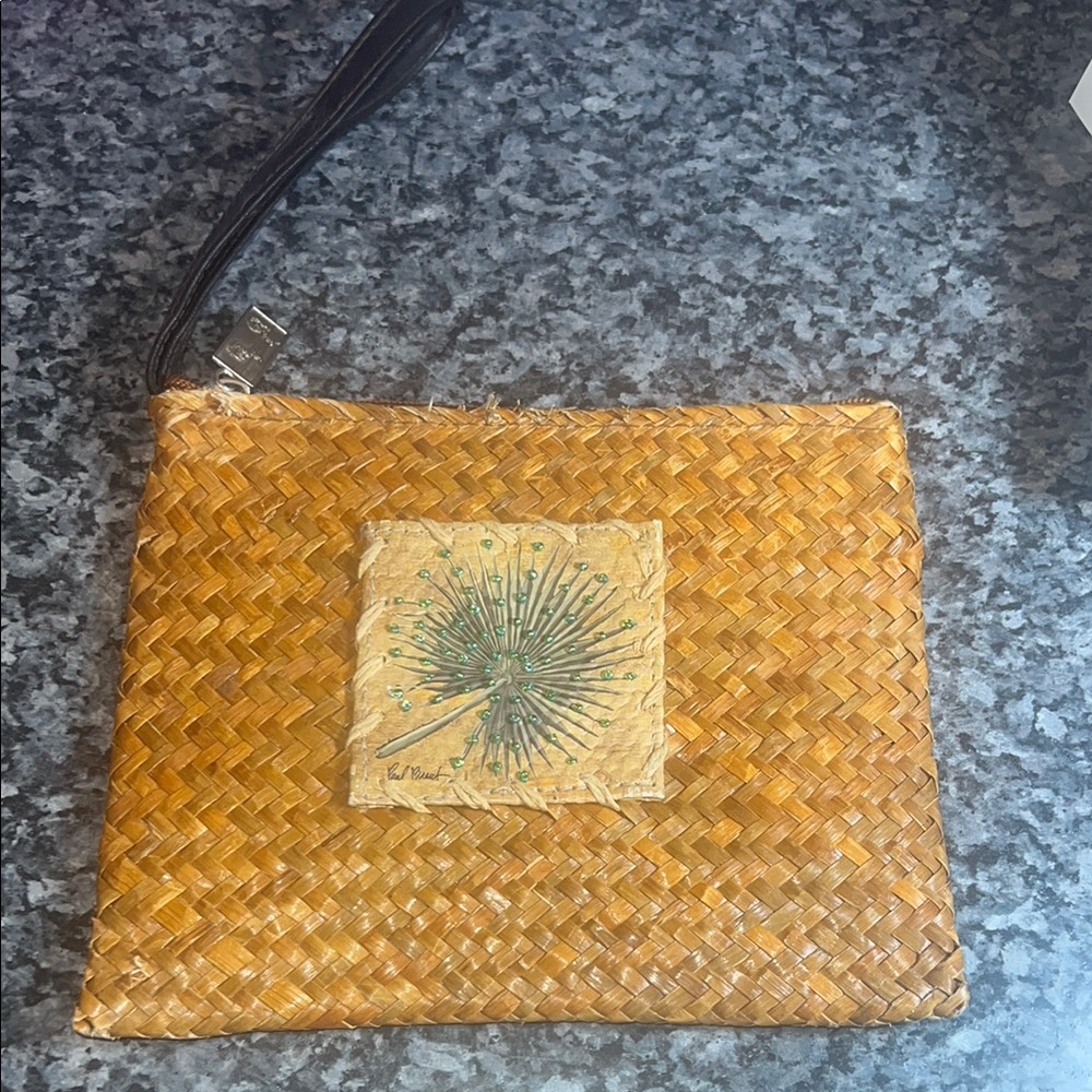 Sun N Sand Rattan Woven Tan Clutch Wristlet with beading
